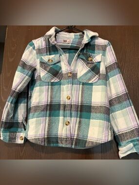 SO Girls Plaid Button-Up Hooded Shacket in Teal, White & Gray